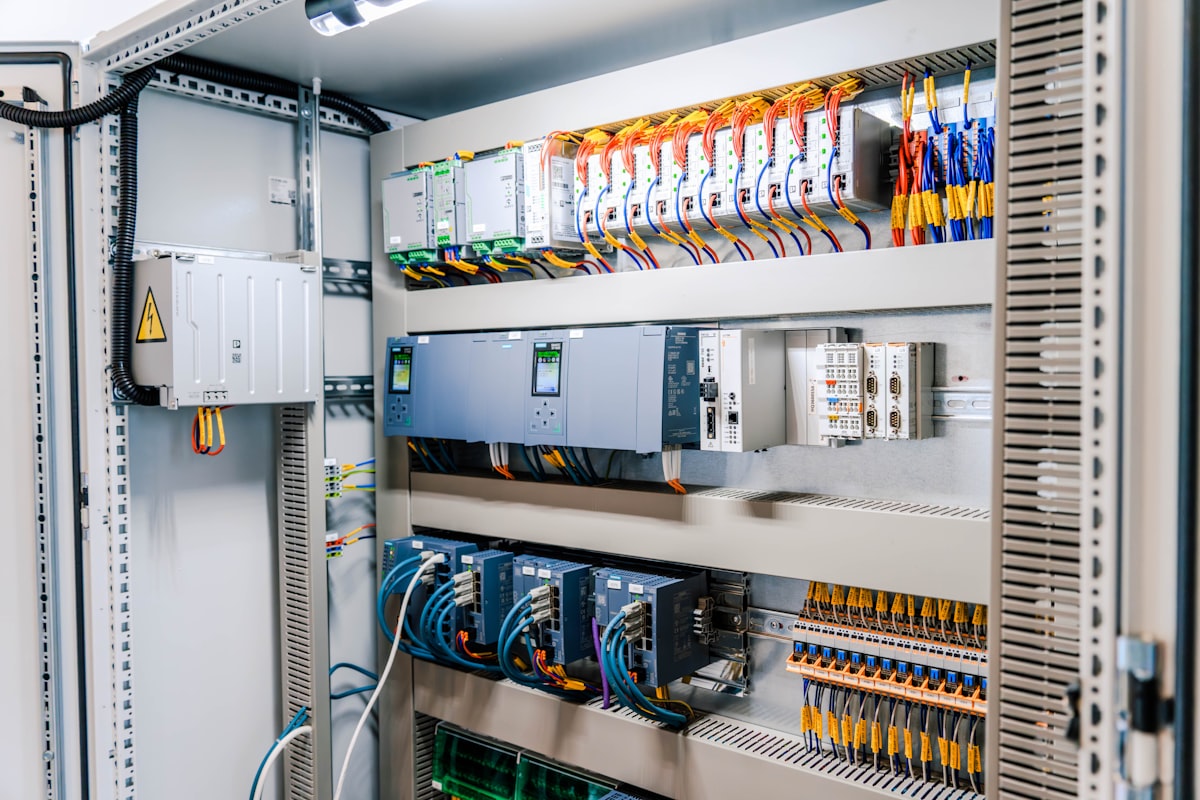 A modern automation cabinet with PLC CPUs and rows of I/O modules on DIN rails - the kind of controller installation a Pakistani plant migrates from Siemens S7-300 to Yaskawa VIPA SPEED7 without stopping production
